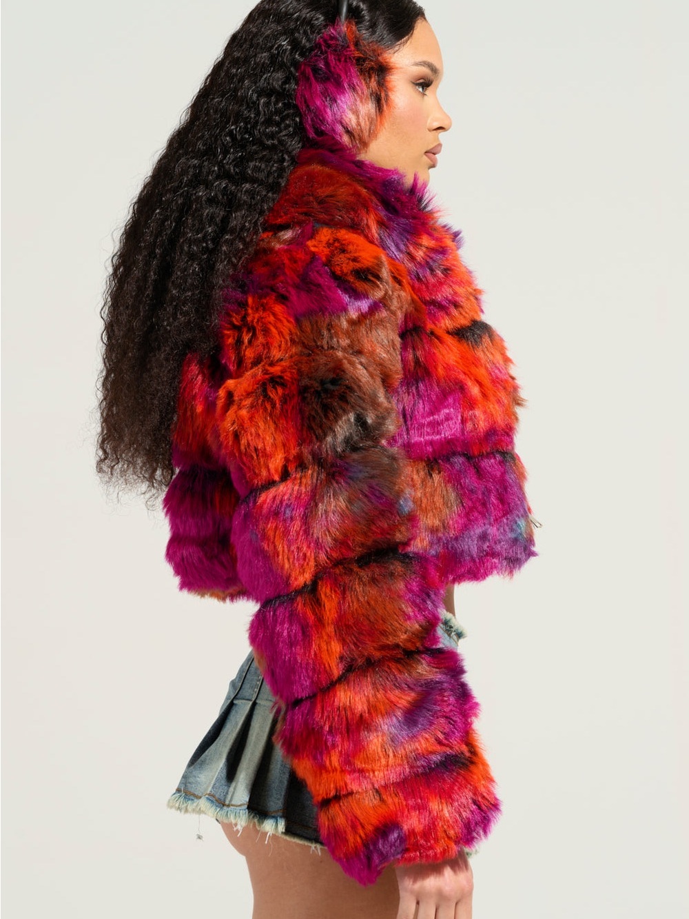 AKIRA Multicolor Faux Fur Hooded Crop Jacket in Red and Purple Tones - Picture 3 of 10